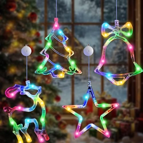 YKHSUAOU Weihnachtsdeko Fenster Beleuchtet, 10 LED Weihnachtsbeleuchtung Fenster, 4 PCS LED Saugnapf Weihnachten Lichter, Fenster Weihnachten mit Saugnäpfe für WeihnachtenDeko, Balkon, Party-Farblicht