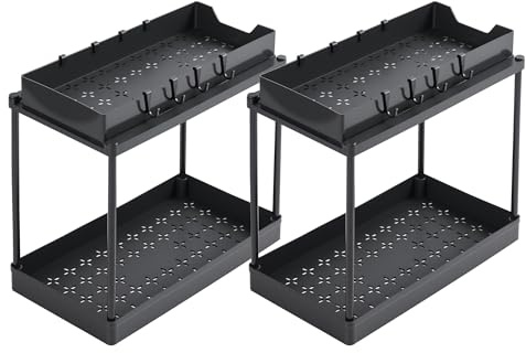 T-LOVENDO.ES Pack de 2 Estantes organizadores bajo Fregadero | Almacenamiento hogar | Ahorra Espacio en Armario Cocina | con Ganchos | Bandeja extraíble |Cajones