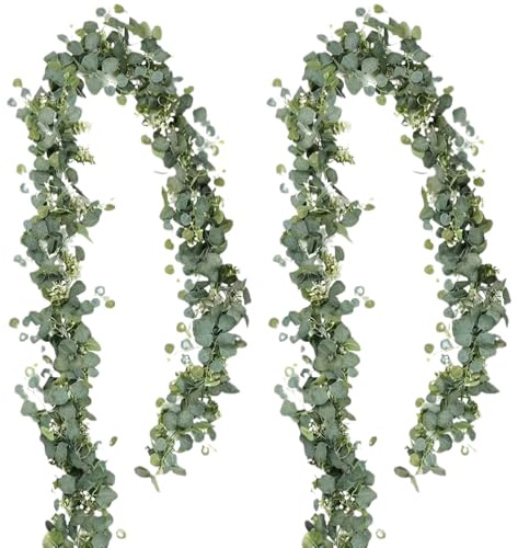 Künstliche Eukalyptus Girlande, 2 Stück Dekorative Grüne Pflanzenketten, Hängende Kunstpflanzen für Innen- und Außendekoration
