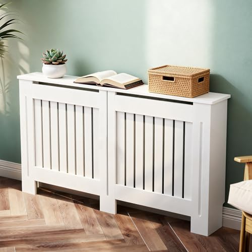 DUDUPIE Radiator Cover White Cabinet – Slatted Wooden Heater Cover with Shelf, Modern Painted MDF Radiator Cabinet for Living Room, Bedroom, Hallway