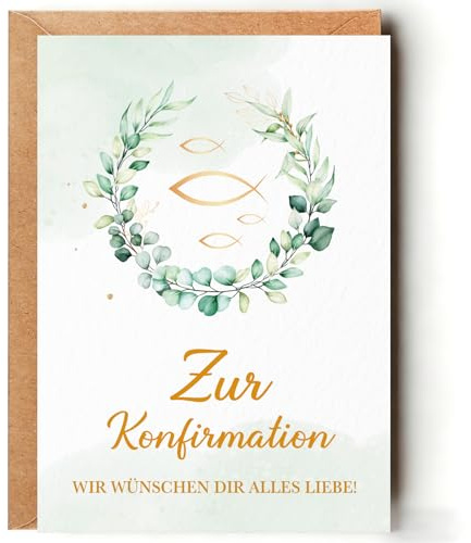 WenmthG Konfirmationskarte – Glückwunschkarte zur Konfirmation für Mädchen & Jungen mit Eukalyptusblätter、Fisch、Weiße Tauben - A6 Klappkarte 10,5 x 14,8 cm mit Umschlag