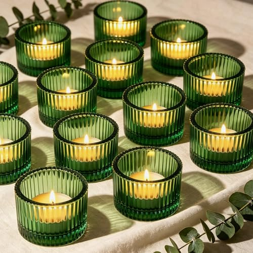 Filltown 12 Stück Teelichthalter, Grün Vintage Kleine Teelichtgläser, 5.2cm x 3.5cm Green Teelichter Glas, Teelicht Kerzengläser für Hochzeit Geburtstagsparty Home Decoration