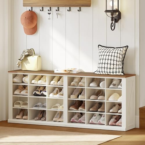 Hzuaneri Shoe Storage Bench with 24 Compartments, White and Brown | 30 x 150 x 60.5 cm, Adjustable Shelves, Shoe Cabinet Storage for Hallway, Living Room, Bedroom, SB52514B