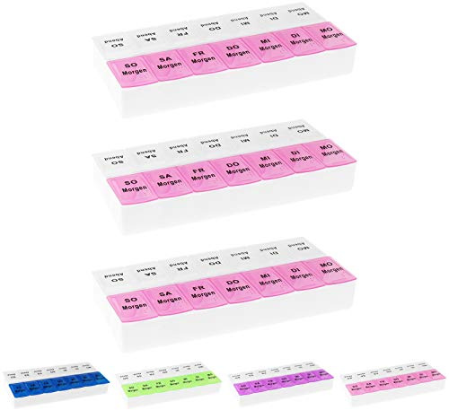 3x WELLGRO® Tablettenbox für 7 Tage - je 2 Fächer pro Tag, 18,5 x 9,5 x 3,5 cm (LxBxH) - Farbe wählbar, Farbe:Rosa