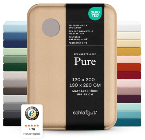 schlafgut Pure Spannbettlaken 120x200 cm Bio-Baumwolle Jersey, Sand Mid | Bettlaken, Spannbetttuch 130x200, 130x220 cm, Sand, Mako Baumwolle Elasthan, bis 35 cm Steg, Rundumgummi