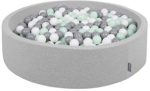 KiddyMoon Mjuk bollgrop rund 120 x 30 cm/300 bollar 7 cm/2,75 tum för barn, skumboll pool baby lekbollar barn, tillverkad i EU, ljusgrå: vit-grå-mint