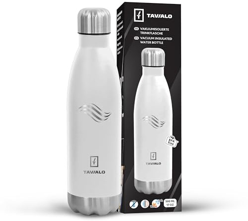 TAVIALO Edelstahl Trinkflasche 0,5L – Isolierflasche Premium Weiss 0,5L/0,75L/1L, BPA-frei, Kohlensäure-geeignet, Doppelwand, hält Getränke 24h kalt & 12h heiß – für Sport, Reisen & Outdoor (Weiß)