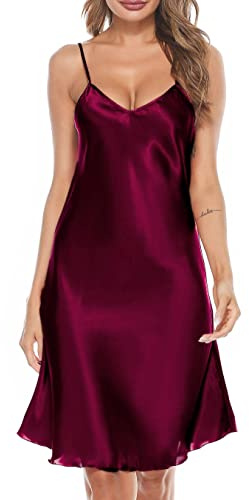 Wikoan Camicie da Notte da Donna in Raso con Spalline Regolabili Chemise Slip Sexy Sottoveste Seta Scollo a V Babydoll