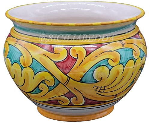 Sicilia Bedda - VASO IN CERAMICA DI CALTAGIRONE - Realizzato e Dipinto a Mano - Altezza 20 CM Diametro 26 CM (Maiolica Tradizionale)