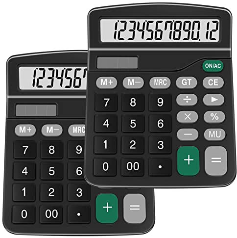 Splaks Calculators, 2 Pack Standard Functional Desktop Calculators Sola and AA Battery Dual Power Electronic Basic Calculator with 12-Digit Large Display for Office, Home, School (2 Black)