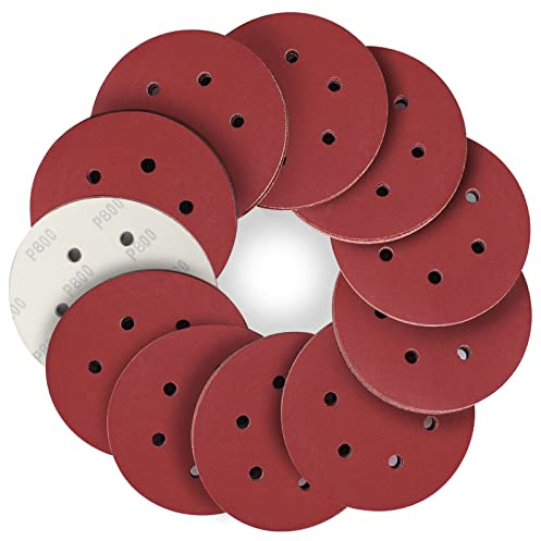 STEBRUAM Discos de lija 50 piezas, Papeles de Lijas 150mm, Abrasivos con 6 Agujeros 800 granos para Lijadora Excéntrica y Lijadora Orbital | Juego de 50 discos abrasivos para lijadora excéntrica redonda, 6 agujeros, madera maestra, madera aglomerada