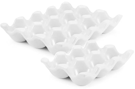 Flexzion 12 + 6 Cups Ceramic Egg Holder for Fridge - 18 Porcelain Egg Tray Container Keeper Storage Organizer Decorative Serving Stand Serveware for Refrigerator Countertop Display Kitchen (White)