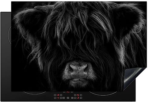 KitchenYeah© Induction Hob Protector Mat Stove Cap Top Cover Kitchen Cooker | 20.5x30.7 / 78x52 cm - Covers for Electric Hobs Vinyl Scottish Highlander - Cow - Black - White - Animals