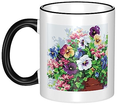 OUSIKA Kaffeetassen mit Stiefmütterchen-Blumen-Druck, Keramik-Kaffeetassen für Frauen, 326 ml, Teetassen für Latte-Milch-Kakao