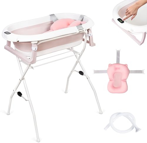 moovkee. Babybadkar med stativ 80 cm, vikbart babybadkar med termometer och badkudde, fristående babybadkar som är säkert för ditt barn, badkar för nyfödda bebisar
