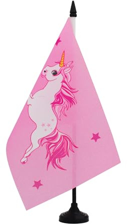 AZ FLAG Drapeau de Table Licorne rose 21x14 cm Socle Plastique | Usage intérieur Drapeau de bureau avec une licorne finition cousue et bords renforcés polyester 100D