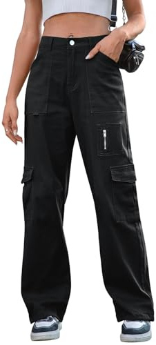 IVIR Cargo Pants Women High Waist Wide Leg Y2K Streetwear 7 Pockets Baggy Trousers Pants Black Middle
