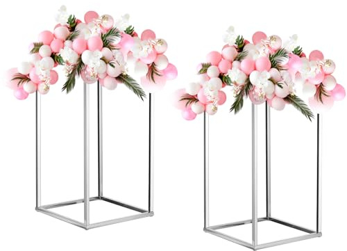 MECCANIXITY Wedding Flower Stand Vase Column, Metal Flower Stand 15.7 Inch Tall Flower Rack Silver Tone for Wedding Party Dinner Centerpiece Decorations, Pack of 2