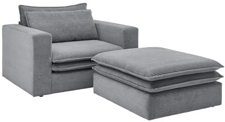 Sessel in grau Cord Bezug Loungesessel mit Armlehnen Relaxsessel inklusive Fußhocker Pesaro (Grau, Mit Hocker)