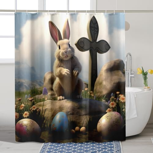 Easter Shower Curtain Bunny Crucifix Funny Lovely Eggs Nature Cloud Gray Polyester Ornaments Waterproof Decor Thick Grommet Room Indoor Bathroom Dorm Outdoor Short Shower Curtain 62x72 Inch