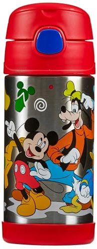 Thermos - Mickey & Friends Water Bottle (355ml) - BPA Free, Stainless Steel, Spill Proof, Pop-Up Straw, Disney Kids Flask with Personalised Name Labels & Carry Handle for 12-Hour Cold Drinks
