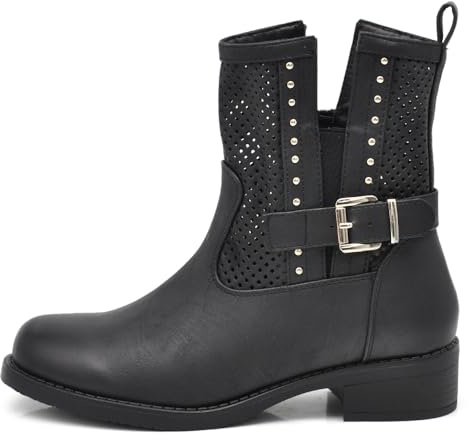 IF Fashion Stiefel Biker Motorradstiefel Damen perforiert mit Schnallen Frühling Sommer Kunstleder Jeans Optik GR-6656, 677 Schwarz, 38 EU