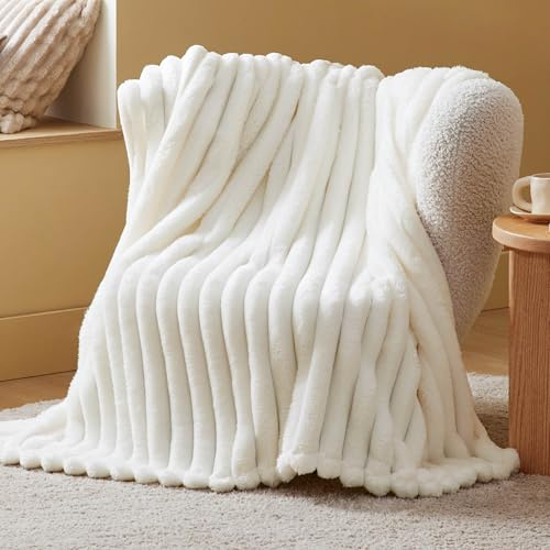 Bedsure White Throw Fluffy Blanket for Bed - 350GSM Super GentleSoft Fuzzy Cozy Fleece Blankets for Women, Cute Small Plush Throws for Girls, 50x60 Inches, Wider Striped Design