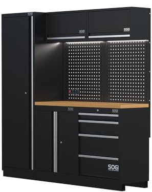 Sogi ARR-OFF-1960-L Arredamento modulare in lamiera per officina e garage - piano in legno - 1960x465x2000 mm