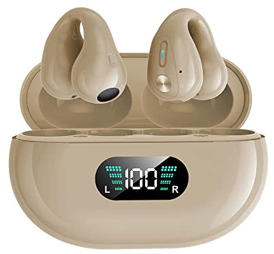 SLuB Knochenschall Kopfhörer, Open Ear Kopfhörer Bluetooth, Ohrclip-Sportkopfhörer, Bluetooth 5.4, HiFi-Stereoklang, Eingebautes Mikrofon, Geeignet für Laufen, Fitness, Outdoor (Khaki)
