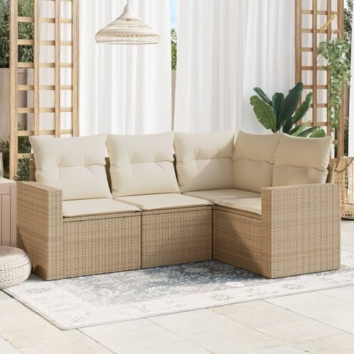 Faroom Balkon Sofa mit Stauraum Gartensofa 3 Sitzer Lounge Sofa Outdoor Rattansofa Sitzecke Balkon Lounge Klein Couch Gartenlounge Polyrattan Balkonmöbel Beige 4-tlg-Type-A372