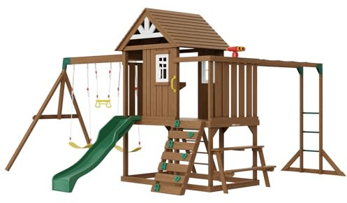 VEVOR Kit Portique Balançoire en Bois 10-en-1, Aire de Jeux avec 2 Balançoires, Barre Trapèze, Toboggan, Grand Fort Supérieur avec Jouets de Cuisine, Échelle Plate, Mur d'escalade, Table, Bac à Sable