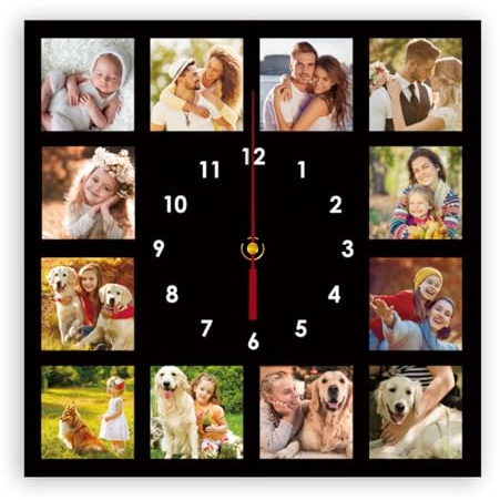 Relojes de pared personalizados con fotos, reloj silencioso cuadrado redondo personalizado con imagen y logotipo de texto para sala de estar, cocina, baño, funciona con pilas, PVC (25-30 cm) (12 fotos