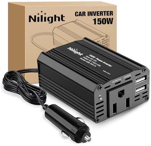 Nilight 150W Power Inverter 12V DC to 110V AC Car Charger Converter with 3.1A Dual USB Ports and 1 AC Outlets for Phones Tablets Laptop Computer Game Console Kindle iPad DVD Players Black