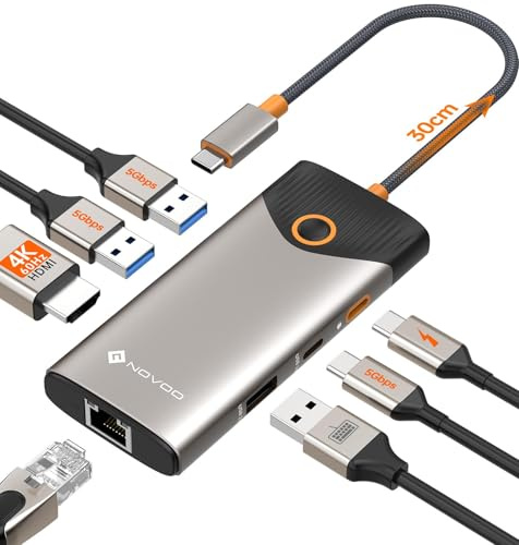 NOVOO Hub USB C, Adaptateur USB C vers Ethernet 1000Mbps, HDMI 4K@60Hz, USB A X 3, USB C X 1, PD 100W Multiport USB Hub pour MacBook Air/Pro, Lenovo, Surface, Galaxy