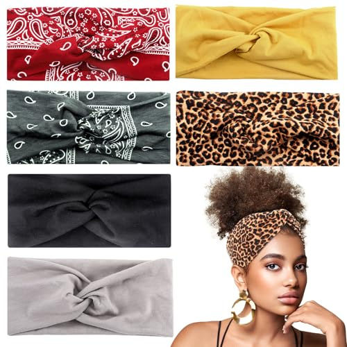 Huiguli 6 Pezzi Larga Fasce Capelli Donna, Moda Antiscivolo Boho Fascette per Capelli, Multicolore Fasce Ampie per Donna, Boho Fascia Elastica per Capelli Per Lavoro Quotidiano Yoga