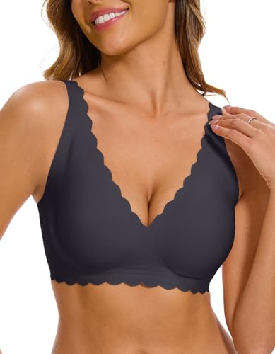 CheChury Femme Soutien Gorge sans Armature Brassiere Push Up Col en V Soutien-Gorge sans Couture Rembourré Maintien Confort Grande Taille Brassière avec Coussinets Invisible,Noir,L