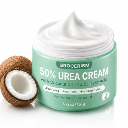 Urea Creme 50 Prozent für Füße Maximale Stärke 150 Gramm mit Kokosnuss und 2% Salicylsäure, Fuß-&Handcreme mit Hyaluronsäure, Teebaum und Aloe Vera für Tiefenbefeuchtung, Hornhaut
