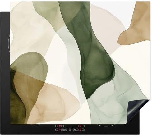 KitchenYeah© Herdabdeckplatte Einteilig Induktionsmatte Küche Abdeckung | 59x52 cm - Ceranfeld Herd Abdeckplatte Deko Vinyl Matte Aufrollbar Japandi - Abstrakt - Grün
