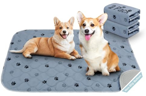 Aomig 2-pack återanvändbara hundträningsdynor, tvättbara valpkissdynor, vattentät och halkfri valpningsdyna, absorberande husdjursmatta, kissdynor för hundar för lekhage, bur (grå fotspår)