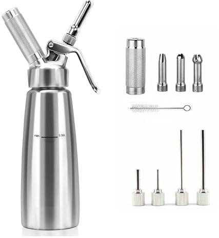 THYXGS Aluminum Alloy Whipped Cream Dispenser, 500ml/1 Pt Cream Sprayer, with 3 Decorating Nozzles & Cleaning Brush, Easy To Clean, For Desserts, Coffee