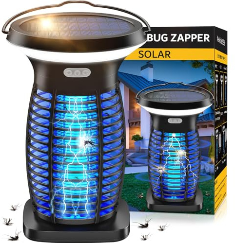Dnenellr Fly Zapper Electric, 3500V Solar Fly Killer, LED 2 IN 1 UV Light Insect Bug Zapper, 360° Hangable Mosquito Control for Indoor Outdoor, USB Mosquito Killer Lamp Removable Washable Tray
