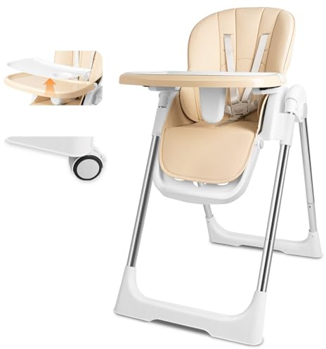 Hochstuhl Baby klappbar, Kinderstuhl Höhenverstellbar, Kinderhochstuhl mit Essbrett und Sicherheitsgurt, Babystuhl, Hochstuhl mit Neugeborenenaufsatz ab 6 Monaten bis 6 Jahre, Beige