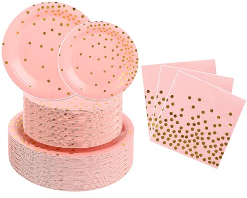 DAJAVE 150 Pcs Party Paper Plates 7inch and 9inch Pink and Gold Paper Plates, Party Tableware Set with Napkins for Parties and Picnics - 50 Guests
