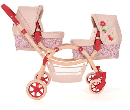 Cochecito para muñecas gemelas Roma RHS Flora, Silla de Paseo Doble para Mayores de 3 años, Color Crema y Rojo Baya, ecológico, Manillar Ajustable de 69 a 84 cm, Estampados RHS, Ruedas giratorias.
