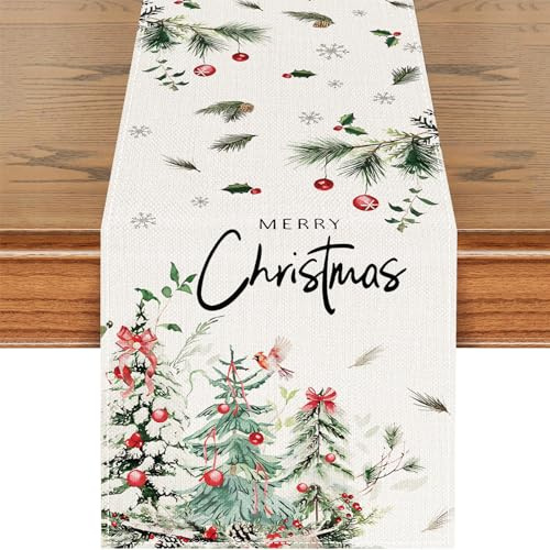 Weihnachtsläufer Festlicher Weihnachtsdeko Tischläufer Weihnachten 40x140 Grün Weihnachtsbaum Schmuck Merry Christmas Muster für Küche, Esszimmer, Lnnen Außenbereich, Dinner-Party, Dekoration