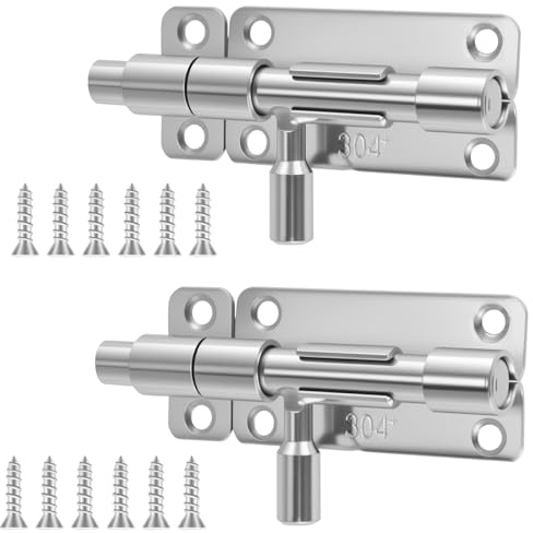 VINATO Verrou Porte Exterieur en Acier Inoxydable 304, Lot de 2 Loquet Porte Exterieur avec Vis, Serrure Porte Coulissante pour Portail, Fenêtre et Clôture, Argent