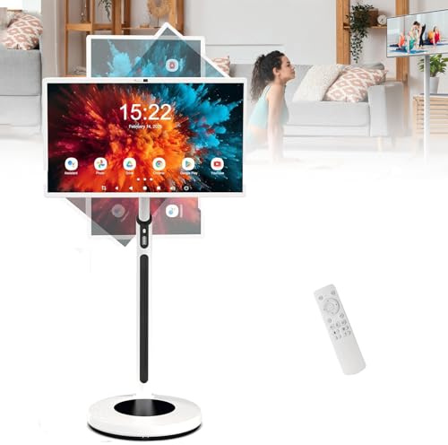 NzEupno Televisor PortáTil De Pie, Tableta Giratoria De 32 con Control Remoto, Monitor Inteligente con Ruedas, Televisor TáCtil Stanbyme con CáMara 4K Y Soporte Ajustable White-8+128G