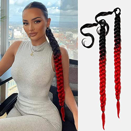 2 Pcs 30zoll Ombre Red Braid Extensions Pferdeschwanz Verlängerung mit Haargummi 76cm Lange Geflochtener Ponytail Verlängerung Natürliches Haarverlängerung Synthetisches Zopf Haarteil für Damen