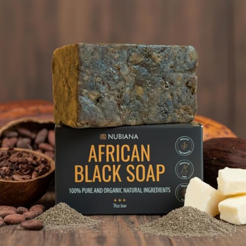 Nubiana Raw African Black Soap Bar 7 oz, Pure Natural 100% Authentic Black African Soap Handmade in Ghana with Unrefined Shea Butter, Cocoa Pod Ash, Unscented Body Wash Bar and Scalp Cleanser