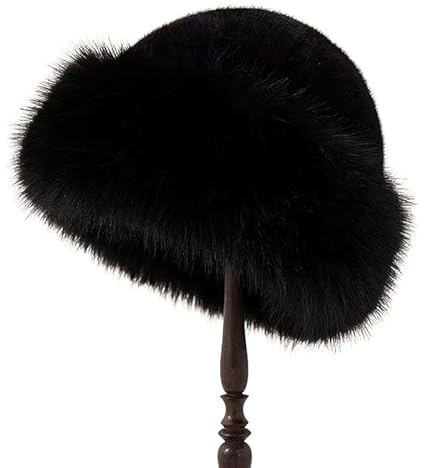 Livoravoli Pelzmütze Damen mit Kunstfuchs-Bommel，Weiche Plüsch Wintermütze für Damen，Warme Russische Mütze für Skifahren, Reisen & Outdoor（Schwarz）